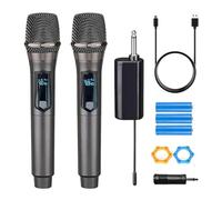 HUACAM Microphone sans fil double UHF rechargeable, double microphone sans fil dynamique portable pour chant karaoké, mariage, DJ, fête, discours, église, utilisation en classe,