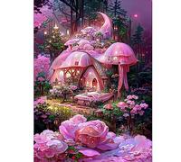 Huacan Diamond Painting 5D Kits d'art de chalet de champignon rose pour adultes Perceuse ronde complète avec perceuse AB pour débutant Décoration murale de la maison Cadeau 30x40cm
