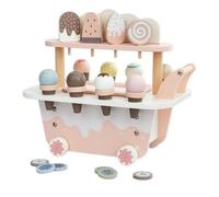 HuadaXtai Chariot de Glaces Enfant Jouet en Bois Véhicule de Jeu Stand de Comptoir avec Enseignes et Illustrations Imprimées Service Simulé et Échange de Jetons