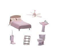HuadaXtai Lit Miniature pour Poupée, échelle 1/64, Mobilier de Maison de Poupée Comprenant Un Ventilateur, Un Lit Double, Un Lavabo, Une Machine à Laver Les Sol