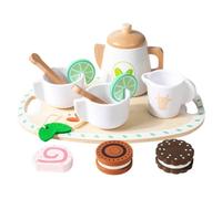 HuadaXtai Service à Thé Enfant Bois Ensemble de Jeu Théière Tasses Plateau Ovale Peinture Pastel et Bois Décor Fruit et Feuille Stimule la Coordination et la , Blanc