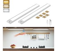 HUAG-Reglette Led Cuisine 30cm, 56 LED 2 pièces Led Sans Fil, 3 Couleurs Temps & Dimmable Lampe de Placard, 2200mAh USB-C Rechargeable Led Cuisine Sous Meuble Veilleuse pour Armoire, Escalier