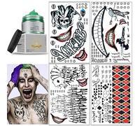 Huahuanghui 4 Halloween Tatouages Temporaires + 100g Cire Colorante Cheveux Vert,Tatouages Joker Carnaval Halloween Cosplay Autocollant Tatoo Lettre Geometrique pour Femme Homme