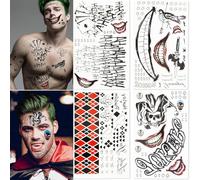 Huahuanghui 4 Tatouages Temporaires Pour Halloween,Tatouages Temporaires Joker, Carnaval Halloween Cosplay Autocollant Tatoo Transfert d'eau Faux Tatoo Joker Lettre Geometrique pour Femme Homme