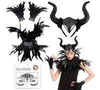Huahuanghui Gothique Plume Châle Femme, avec Poignets Plumes Naturelles et Cornes de Diable, Ensemble Cape à Plumes Noire, Costume Maléfique pour Femme, pour Halloween Carnaval Cosplay Fête