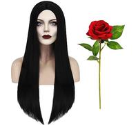 Huahuanghui Halloween Perruque sorcière,Perruque Noir Femme,1 Perruque Noir+1 Cap de Perruque+1 Rose Artificielle Rouge,Perruque Dames pour Halloween et Carnaval,pour Cosplay,Halloween,Carnaval