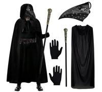 Huahuanghui Masque de médecins de la peste, accessoires de costume d'Halloween avec masque steampunk d'oiseau à long nez, gants noirs, sceptre, cape avec capuche
