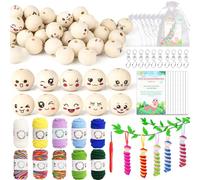 HUALIANG Kit de crochet 101 pièces pour débutants, vers à chagrin, 50 perles en bois avec visage, avec dix pelotes de laine multicolores, un crochet et sac d'organza pour DIY artisanat