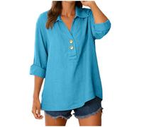 HUALONG Blouse Femme Manches Longues Elegante Col V Chemisier A Manches Roulables Boutonnage Devant Tunic Haut Leger Top Basique pour L Ete Et Toutes Saisons Tendance 2026 Robe Blanc (Blue, XXXL)