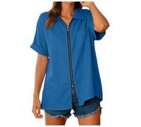 HUALONG Chemise Femme Col Classique Manches Courtes Fermeture par Glissière Poche Poitrine Coupe Ample Décontractée Confortable pour Sortie Quotidienne Week- Plage (Dark Blue, S)