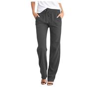 HUALONG Pantalon Droit Taille Haute pour Femmes Couleur Unie Long décontracté Cordon élastique avec Poches Pantalon Lin Femme (Grey XXXL)