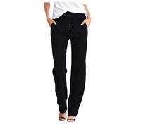 HUALONG Pantalon Droit Taille Haute pour Femmes Couleur Unie Long décontracté Cordon élastique avec Poches Pantalon Lin Femme (M)