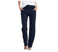 HUALONG Pantalon Droit Taille Haute pour Femmes Couleur Unie Long décontracté Cordon élastique avec Poches Pantalon Lin Femme (Dark Blue XXXL)