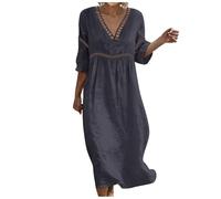 HUALONG Robe Coton Lin pour Femme Été Fluide Manche 7/8 Chic et Elegant Robes Col V Décontractée Grande Taille Robes Couleur Unie Respirant D'été Boheme de Plage Vacance Maxi Dress