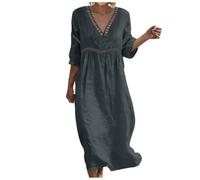 HUALONG Robe Coton Lin pour Femme Été Fluide Manche 7/8 Chic et Elegant Robes Col V Décontractée Grande Taille Robes Couleur Unie Respirant D'été Boheme de Plage Vacance Maxi Dress