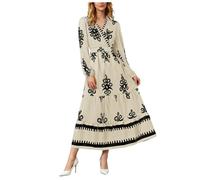 HUALONG Robe de Printemps Bohème à Imprimé Fleuri Manches Longues Col V Fluide et Élégante Robe Plage Longue pour Femme Tenue de Vacances Chic pour Saison Estivale (Beige, S)