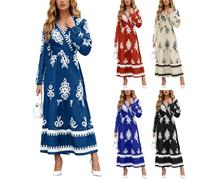 HUALONG Robe de Printemps Bohème à Imprimé Fleuri Manches Longues Col V Fluide et Élégante Robe Plage Longue pour Femme Tenue de Vacances Chic pour Saison Estivale (Light Blue, XXL)