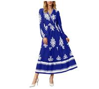 HUALONG Robe de Printemps Bohème à Imprimé Fleuri Manches Longues Col V Fluide et Élégante Robe Plage Longue pour Femme Tenue de Vacances Chic pour Saison Estivale (Blue, XL)