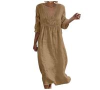 HUALONG Robes Coton Lin pour Femme Été Fluide Manche 7/8 Chic et Elegant Robes Col V Décontractée Grande Taille Robes Couleur Unie Respirant D'été Boheme de Plage Vacances Maxi Dress