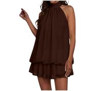 HUALONG Robes Courtes Amples Col Halter sans Manches Sexy Mini Robe Dos Nu à Nouer, Robe Femme Chic et Élégante Été en Mousseline à Volants Fluides pour Soirées, Clubbing, Plage et Vacances