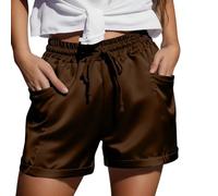 HUALONG Short de Pyjama en Satin de Soie pour Femme, Short Nuit décontracté, Pyjama d'été avec Poches, Doux Femme Court Tendance été (Coffee, XL)