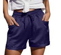 HUALONG Short de Pyjama en Satin de Soie pour Femme, Short Nuit décontracté, Pyjama d'été avec Poches, Doux Femme Court Tendance été (Dark Blue, XL)