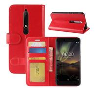 HualuBro Coque Nokia 6.1, Etui Housse à Rabat en Retro PU Cuir Flip Leather Case Cover Antichoc Portefeuille Protection Stand Coque avec Slots de Cartes pour Nokia 6.1 / Nokia 6 2018 - Rouge
