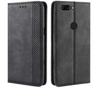 HualuBro Coque OnePlus 5T, Etui Housse à Rabat en Retro PU Cuir Flip Leather Case Cover Antichoc Portefeuille Protection Stand Coque pour OnePlus 5T 2017 (Noir)