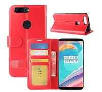 HualuBro Coque OnePlus 5T, [Tout Autour Protection] Premium Étui en Cuir PU Leather Wallet Portefeuille Housse Case Flip Cover avec Cartes Slots pour OnePlus 5T Smartphone (Rouge)