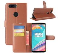 HualuBro Coque OnePlus 5T, [Tout Autour Protection] Premium Étui en Cuir PU Leather Wallet Portefeuille Housse Case Flip Cover avec Cartes Slots pour OnePlus 5T Smartphone (Marron)