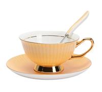 HUAMu Ensemble Tasse Soucoupe Porcelaine Anglaise à la Cendre d'os, Bone Chine Service à Thé Café,avec Cuillère,Jaune- 1 Set 200ml