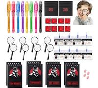 HuaMuDM 48 Pièces Kit Détective Enfant,avec Stylo UV,carnet de Notes, loupes Jouets,Carte d'identité de détective avec Clip, Tampon encreur d'empreintes digitales