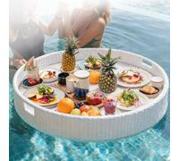 HuanEssentric Plateau De Service Flottant De Luxe pour Piscine,Structure Robuste en Aluminium Et Rotin,étanche,Idéal pour Les Boissons,Amuse-Gueules Et Les Garden-Parties White-80 * 80 * 20cm