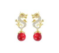 HUANGBONIG Les boucles d'oreilles dragon doré avec perle rouge ont un design unique et des boucles d'oreilles exquises - Dragon rouge doré