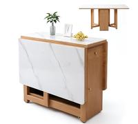 Huangj-0527 Îlot de Cuisine avec Rangement Table Pliante en Bois Massif, îlot de Cuisine Extensible avec roulettes, Rangement Pierre frittée