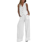 HUANGJB Ensemble 2 pièces pour femme avec col en V, gilet sans manches, pantalon à jambes larges, blazer d'été assorti en lin, blanc, S