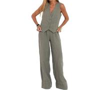 HUANGJB Ensemble 2 pièces pour femme avec col en V, gilet sans manches, pantalon à jambes larges, blazer d'été assorti en lin, gris, L