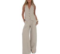 HUANGJB Ensemble 2 pièces pour femme avec col en V, gilet sans manches, pantalon à jambes larges, blazer d'été assorti en lin, beige, S