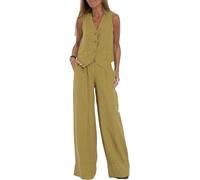 HUANGJB Ensemble 2 pièces pour femme avec col en V, gilet sans manches, pantalon à jambes larges, blazer d'été assorti en lin, Vert, M