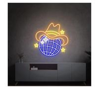 HUANTY d'Ambiance Apaisante Lampe Enseignes Au Néon Rétro À Boule Disco Alimentées par USB, Lumières Au Néon À Luminosité Réglable Chapeau De Cowboy Adapté À La Décoration De Magasin(Ré,55cmx55cm)