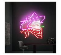 HUANTY d'Ambiance Apaisante Lampe Panneau Néon Cowboy Skull Alimenté par USB, Luminosité Réglable, Lumières Néon Cowboy, Convient pour La Décoration De Fête De Bistrot 33cmx38cm(E)