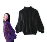 HUANZHI Lady Winter Angora Cashmere Blend Pull Chaud en Vrac, Pull en Peluche Pelucheux et Moelleux, Pull en Tricot à col Ras du Cou de Couleur Unie pour Femmes (Noir,Taille Unique)