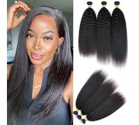 Huarisi 3 Bundles Yaki Straight Weave Remy Hair, 20 22 24 inches Kinky Straight Bundles Human Hair for Black Women, Yaki Brazilian Hair Extensions Bundles 300g Double Weft Natural Color