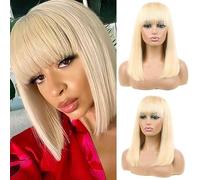 Huarisi 613 Straight Bob Wigs Human Hair with Bangs 12 Inch Short Blonde Wig None Lace 8a Grade Brazilian Virgin Hair for Women Machine Made 150 Density Can be Trimed