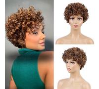 Huarisi Color 4/30 Highlight Brown Short Curly Wigs with Bangs Human Hair Pixie Cut Perruque Bouclée Cheveux Humain Courte Naturelle Glueless None Lace