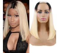 Huarisi Ombre Cheveux Humains U partie Bob Perruques 14 Inch 10a Perruque Bob Cheveux Droites avec Noir et Bleach Blond Femmes No Leave Out 1B/613 Color Short Human Hair Wigs None Lace