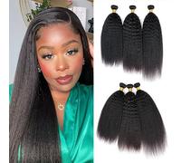 Huarisi Remy Human Hair Yaki Straight Bundles 14 16 18 Inches Kinky Straight Hair Weaves Extensions for Black Women Natural Color Virgin Brazilian Yaki Hair Double Weft 300g