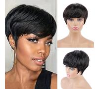 Huarisi Short Layered Pixie Cut Wig with Bangs Human Hair for Black Women Glueless Bob Wigs None Lace Natural Black Straight Breathable Daily Use 1B