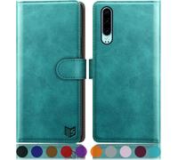 Huawei P30 Case [Rfid Blocking] [Magnetic Protection] Card Slots Premium Pu Leather Wallet Case Blue Green