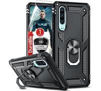 Huawei P30 Case With Ring Stand, Double Layer Reinforced Defense Bumper Tpu Silicone Shockproof Armor Case Cover With Screen Protector For Huawei P30 Black